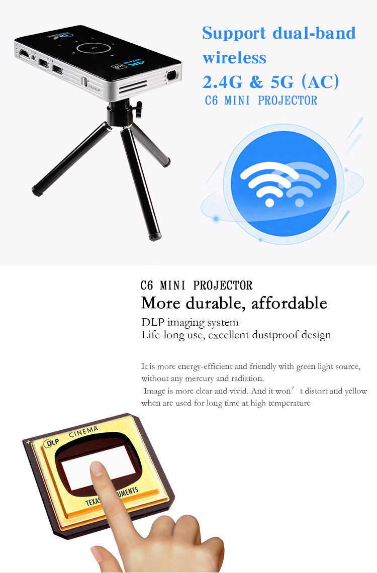 C6 DLP Mini Pocket Projector Android 2GB/8GB 2.4G/5G WIFI Bluetooth Eshare/Airplay/MiraCast - Black