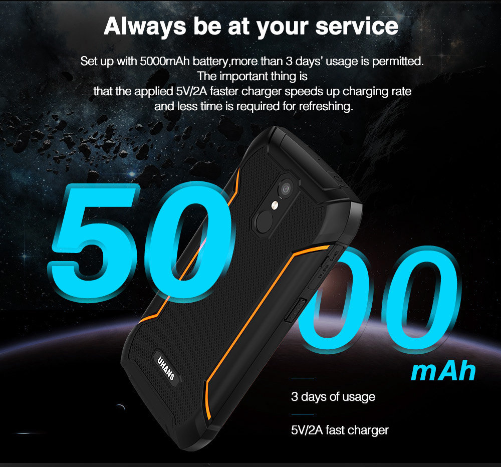 Uhans K5000 5.0 Inch 4G LTE Smartphone IP68 Waterproof 3GB 32GB MT6753 Octa-core Android 7.0 13.0MP+5.0MP Cam Touch ID 5000mAh Large Battery - Orange