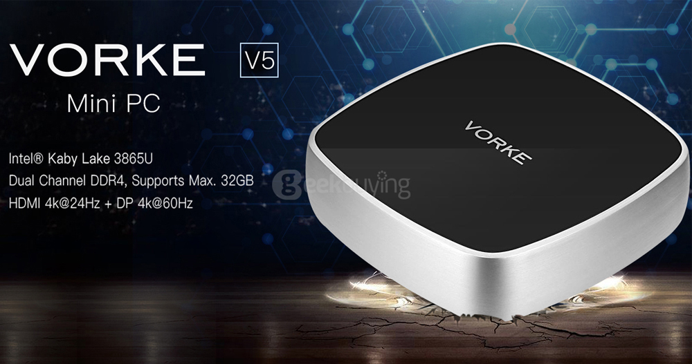 VORKE V5 Barebone Mini PC Intel Kabylake 3865U 1.8 GHz Support Dual-channel DDR4 RAM M.2 HDMI+DP AC WIFI Gigabit LAN Bluetooth4.2 USB3.0 Speaker - Black