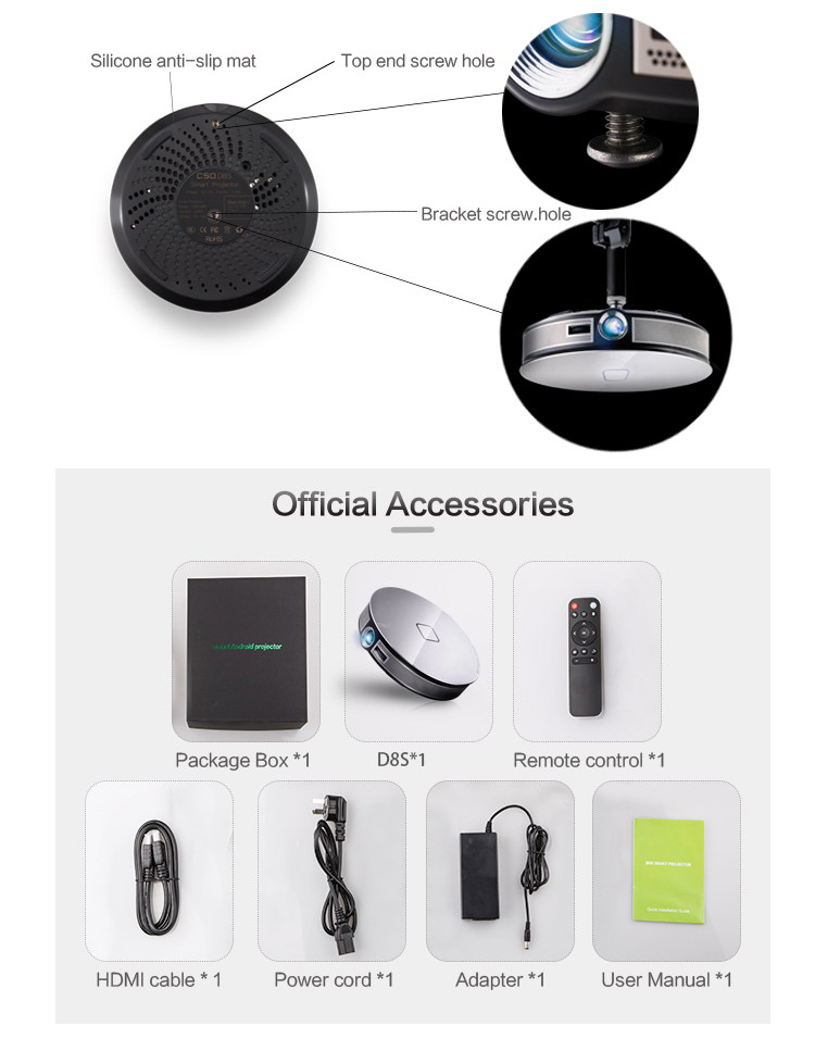 D8S 3D HD Portable Projector Android 1GB/16GB 2.4G/5G WIFI Bluetooth Eshare/Airplay/MiraCast - Silver