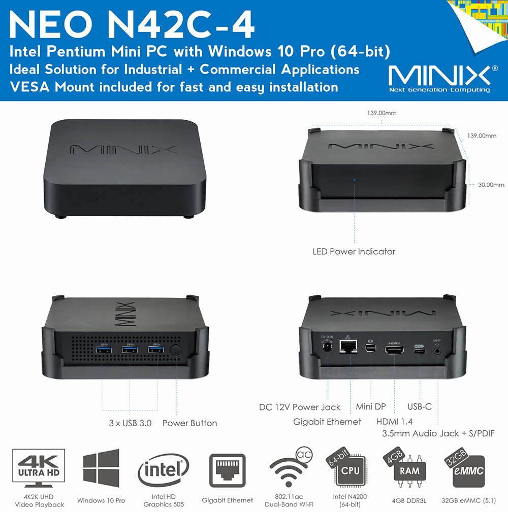 MINIX NEO N42C-4 Licensed Windows 10 Pro 64bit Intel Apollo Lake N4200 4GB/32GB Mini PC 2.4G/5G WiFi Gigabit LAN Bluetooth USB3.0 - Black