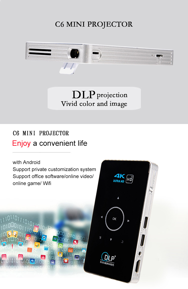 C6 DLP Mini Pocket Projector Android 2GB/8GB 2.4G/5G WIFI Bluetooth Eshare/Airplay/MiraCast - Black