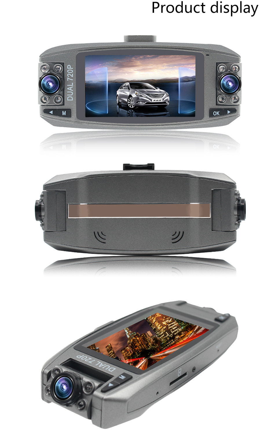 F80 NT96655 2.7 Inch Dash Camera 1080P FHD With Dual Lenses 120 Degree Wide Angle 350 Degree Rotation Night Vision - Grey