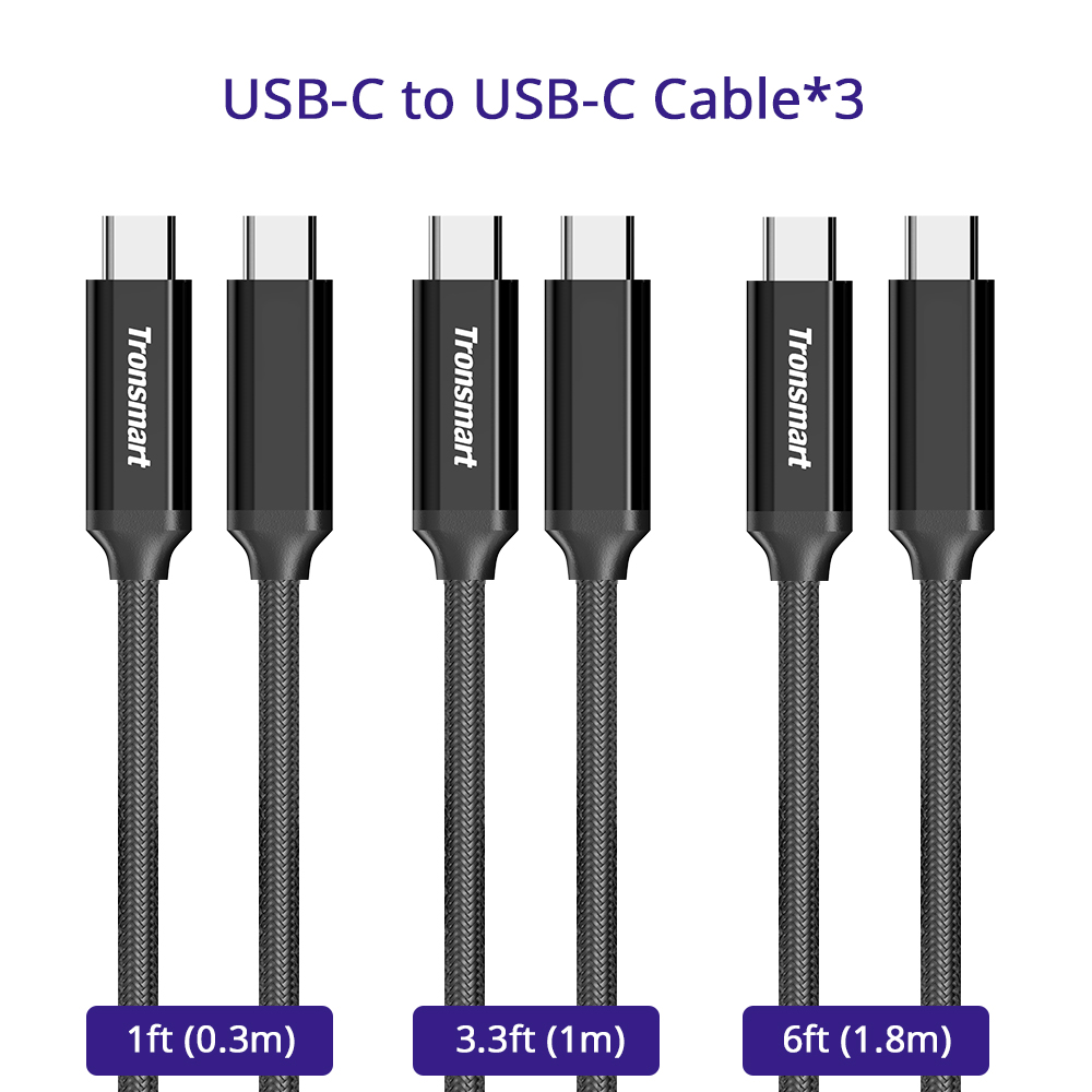 Tronsmart 3 Packs 0.3m/1ft*1 1m/3.3ft*1 1.8m/6ft*1Type-C/Male 2.0 to Type-C/Male 2.0 Sync & Charging Cable for Type-C Supported Devices - Black