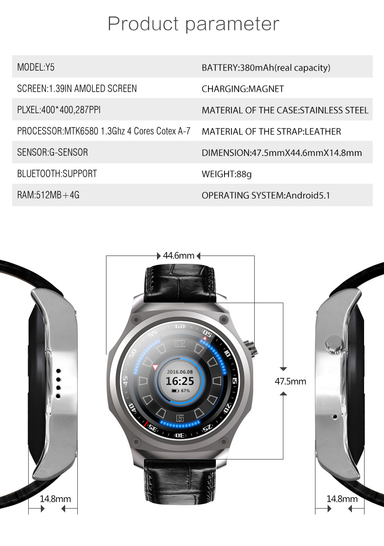 Y5 3G Smartwatch Phone MTK6580 Quad Core 1.3GHz GPS IP65 Water Resistant Heart Rate Monitor Compatible For iOS Android - Silver