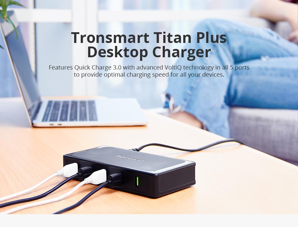 Tronsmart 90W U5TF Titan Plus 5 USB Ports Desktop Charger with Quick Charge 3.0 & VoltiQ for All iOS & Android Devices - UK