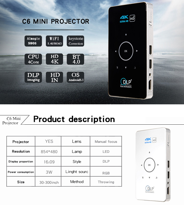 C6 DLP Mini Pocket Projector Android 2GB/8GB 2.4G/5G WIFI Bluetooth Eshare/Airplay/MiraCast - Black