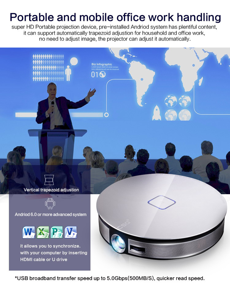 D8S 3D HD Portable Projector Android 1GB/16GB 2.4G/5G WIFI Bluetooth Eshare/Airplay/MiraCast - Silver