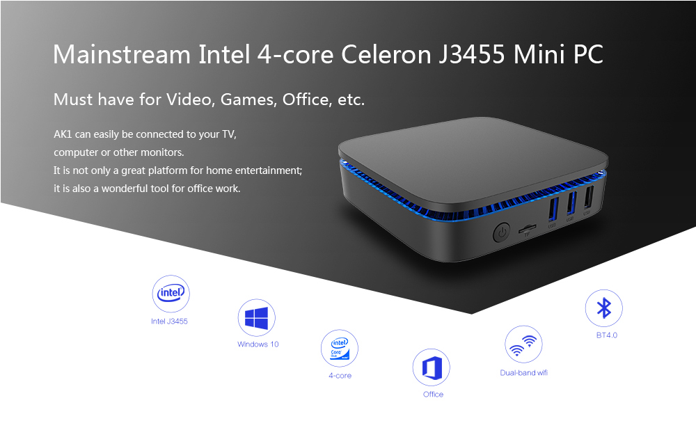 AK1 Licensed Windows 10 64Bit Mini PC Intel Celeron J3455 4GB/32GB SATA 3.0 USB3.0 Type-C AC WIFI Gigabit LAN Bluetooth