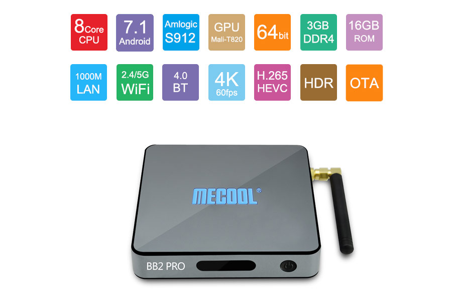 MECOOL BB2 PRO Android 7.1 3GB DDR4 16GB eMMC5.0 Amlogic S912 4K VP9 HDR TV BOX 802.11AC WIFI Bluetooth 1000M LAN KODI