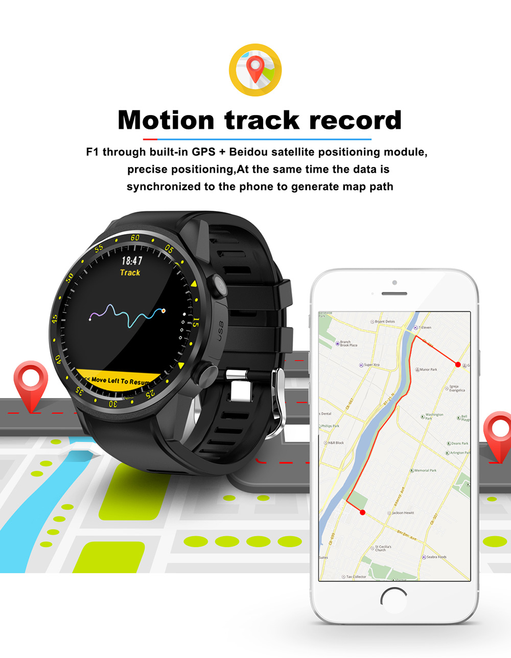 F1 Smartwatch MTK2503 GPS Heart Rate Monitor SMS Reminder Bluetooth Multi-Mode Sports - Black