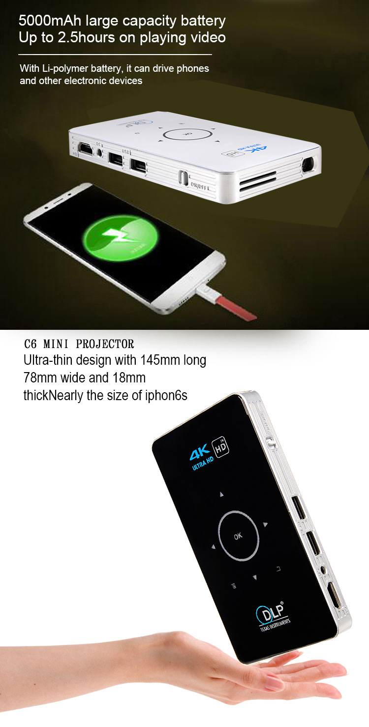C6 DLP Mini Pocket Projector Android 2GB/8GB 2.4G/5G WIFI Bluetooth Eshare/Airplay/MiraCast - Black