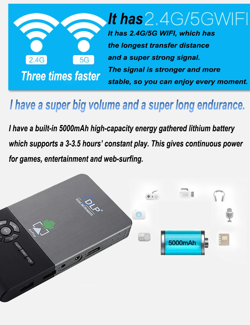 C2 DLP Mini Pocket Projector Android 1GB/8GB 2.4G/5G WIFI Eshare/Airplay/MiraCast - Black