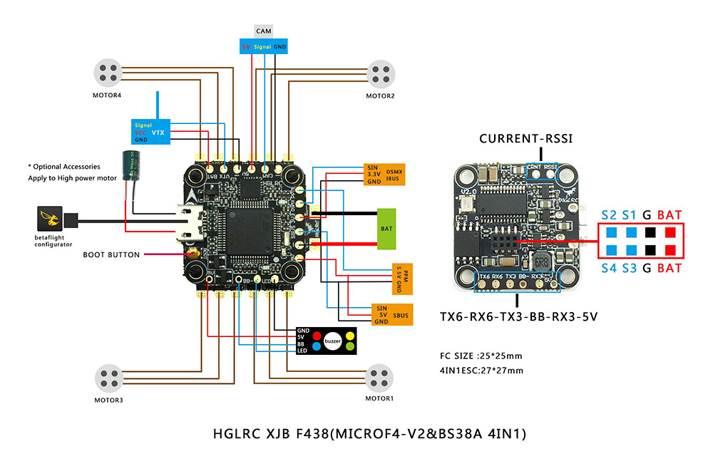 HGLRC XJB F438 Micro F4 OSD BEC AIO FC & 38A 2-4S Blhel_S BB2 4in1 ESC