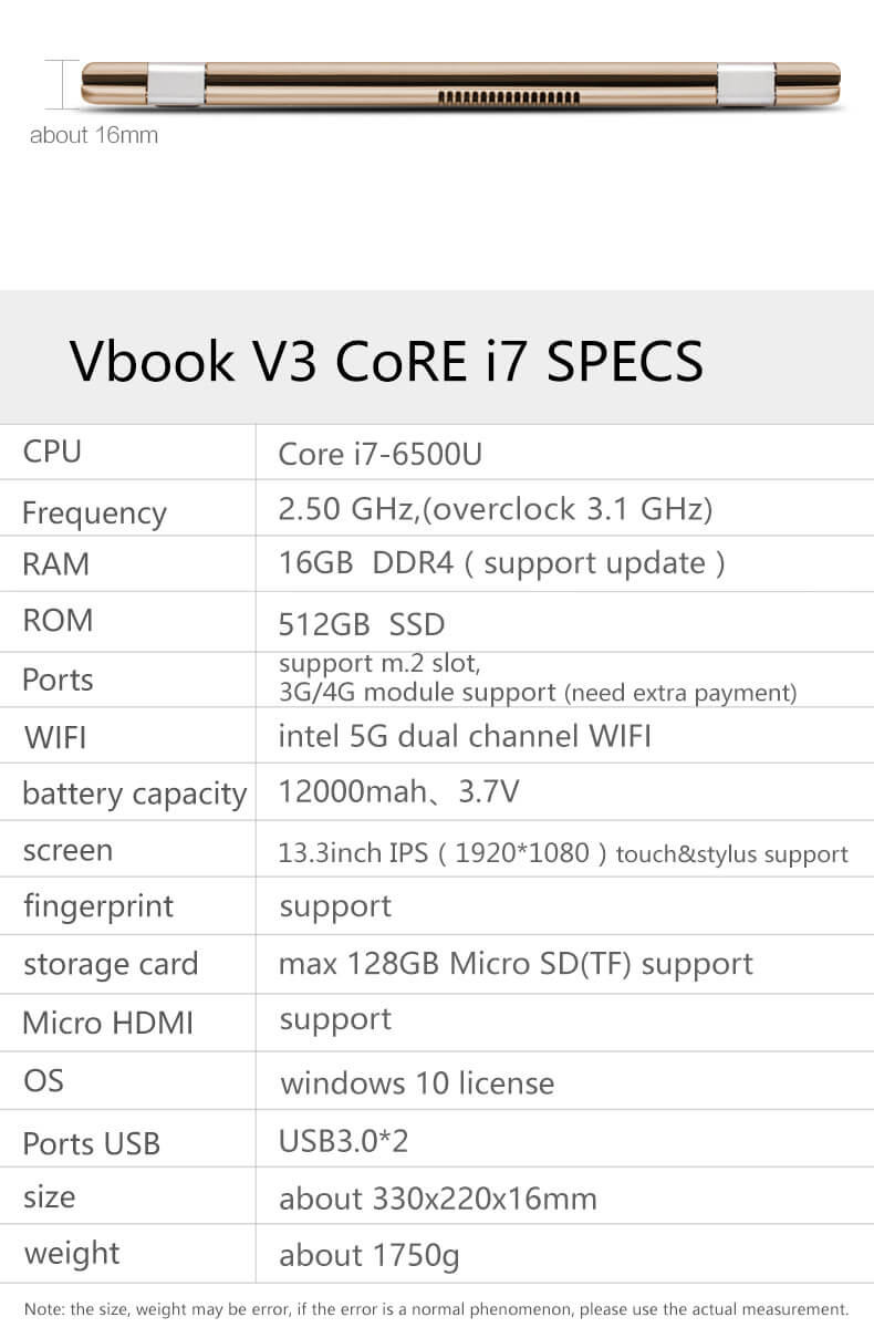 VOYO VBook V3 13.3 Inch Notebook Windows 10 Intel Core i7-6500U 3.1GHz 16GB RAM 512GB ROM Dual Core 12000mAh Bluetooth Camera Wifi - Gold