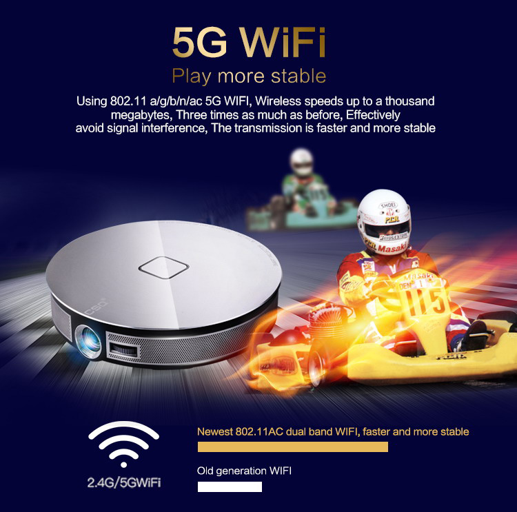 D8S 3D HD Portable Projector Android 1GB/16GB 2.4G/5G WIFI Bluetooth Eshare/Airplay/MiraCast - Silver