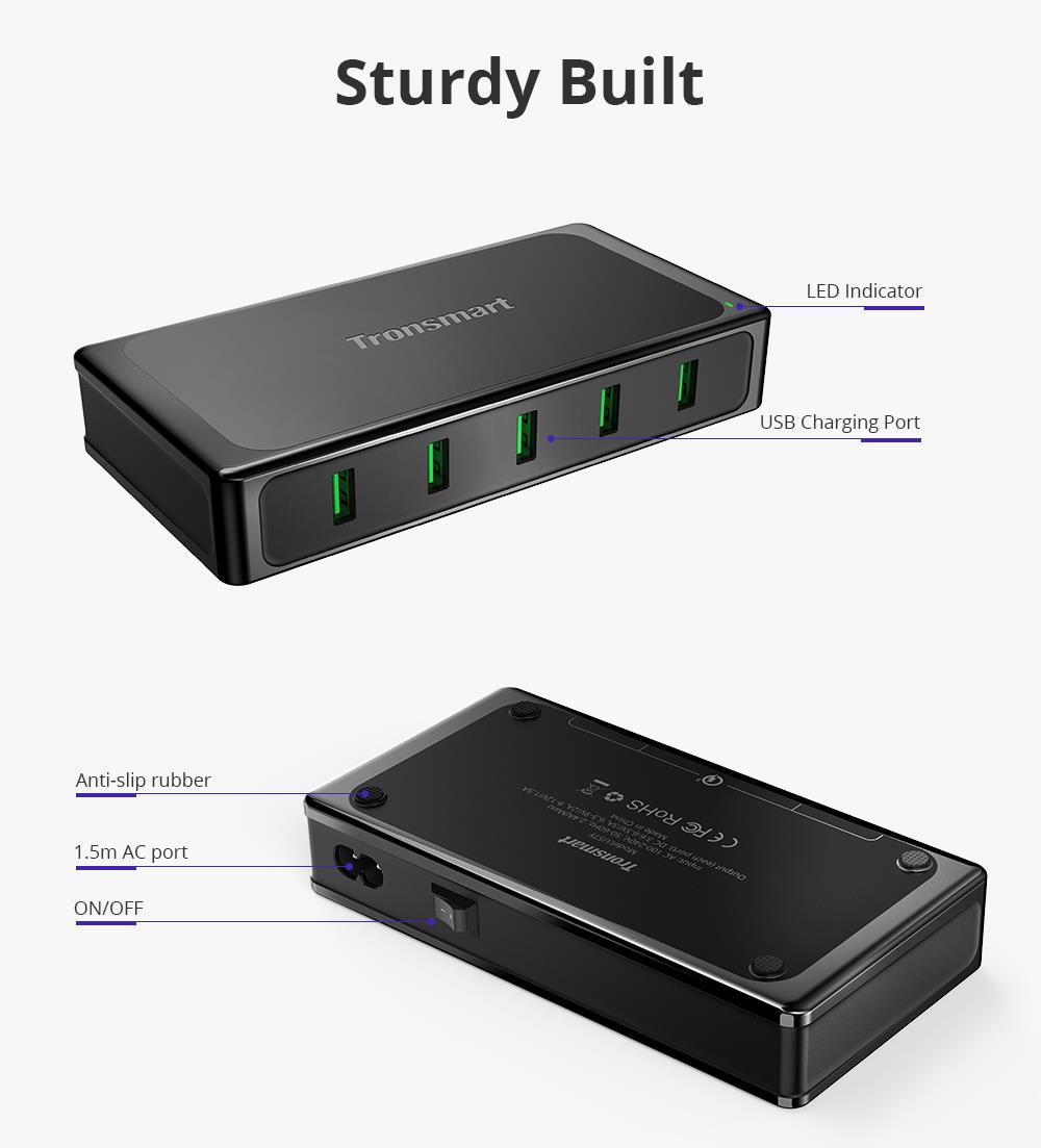 Tronsmart 90W U5TF Titan Plus 5 USB Ports Desktop Charger with Quick Charge 3.0 & VoltiQ for All iOS & Android Devices - UK