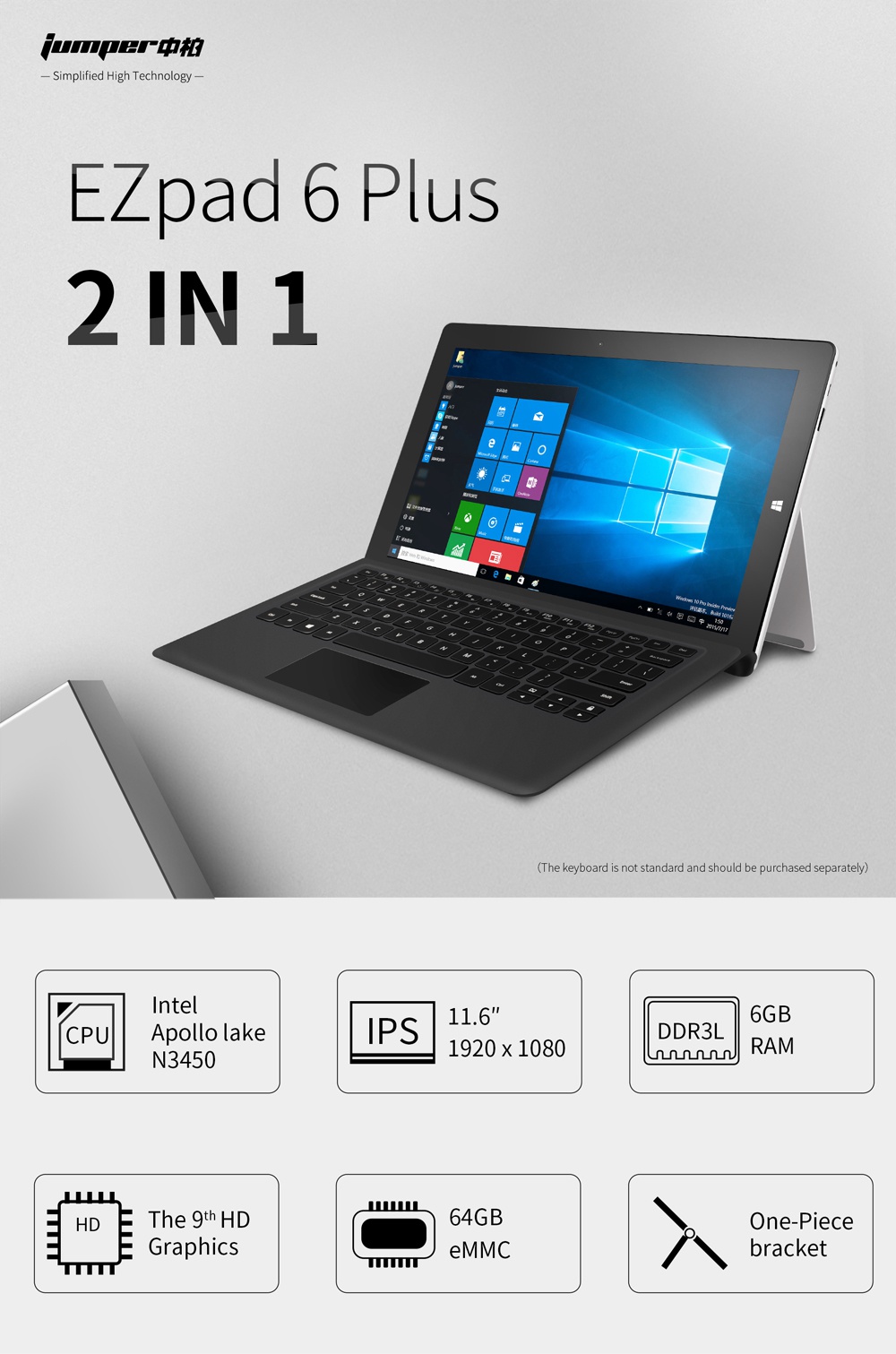 Jumper EZpad 6 Plus Tablet Intel Apollo Lake N3450 Quad Core 11.6 Inch 1920 x 1080 Windows 10 6GB RAM 64GB eMMC - Black+Silver