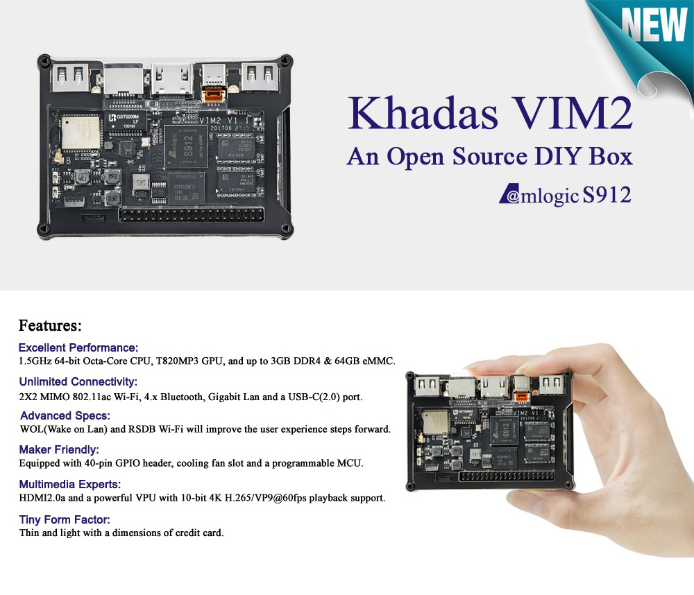 Khadas VIM2 Max Open Source DDR4 3GB RAM 64GB ROM Amlogic S912 Octa Core TV Box 2x2 MIMO WiFi Gigabit LAN Bluetooth WOL HDMI CEC