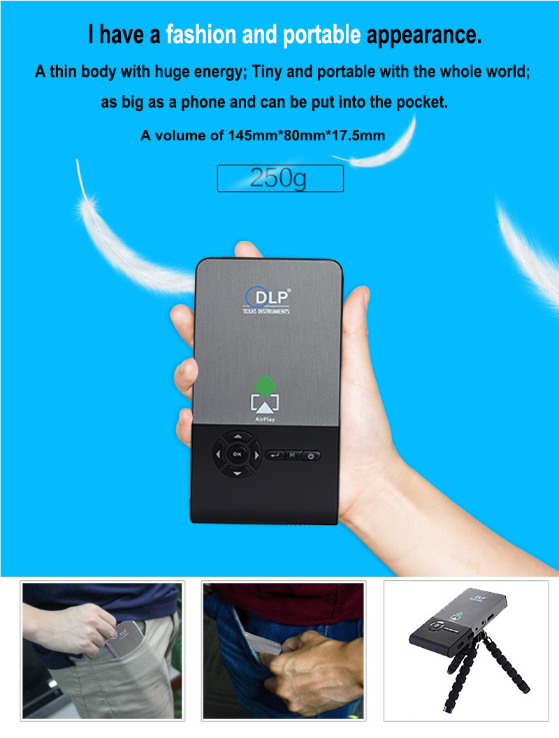 C2 DLP Mini Pocket Projector Android 1GB/8GB 2.4G/5G WIFI Eshare/Airplay/MiraCast - Black