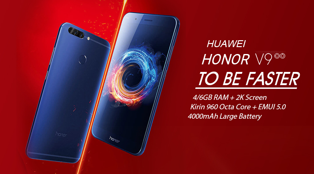 HUAWEI Honor V9 5.7 Inch Smartphone 2K Screen 12.0MP+12.0MP Dual Rear Cam 4GB 64GB Hisilicon Kirin 960 Octa Core Android 7.0 OTA NFC - Black