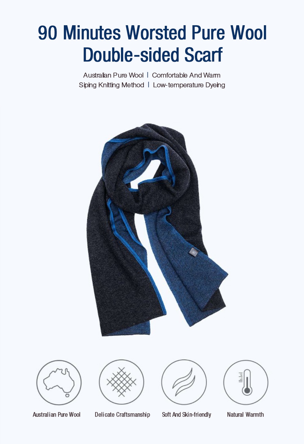 Xiaomi Mijia 90 Minutes Men Women Double-sided Scarf Worsted Pure Wool - Grey