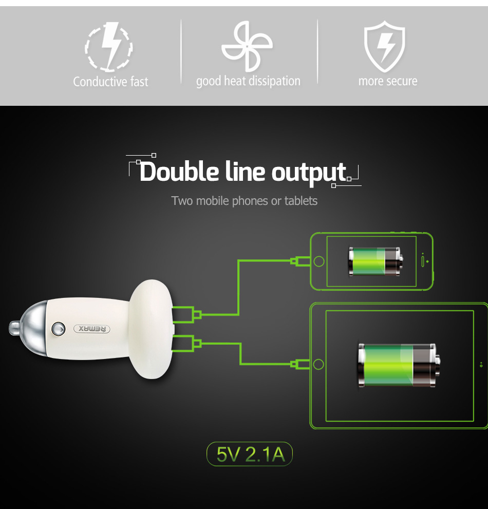 REMAX RCC-210 Mushroom-head Car Charger 5V 2.1A Fast Charging With Dual USB Ports Widely Compatible - Black