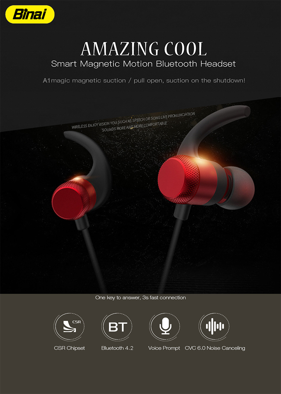 Binai A1 Wireless Bluetooth Headphones with Mic Smart Voice Magnetic Adsorption - Gray
