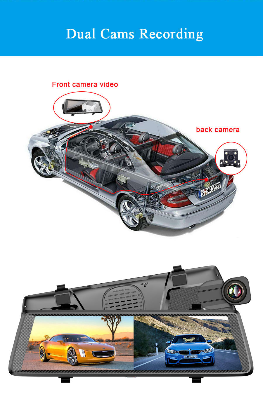 F900 10 Inch IPS Dash Camera Full HD 1080P With Dual Lens Recording 140 Degree Wide Angle - Black