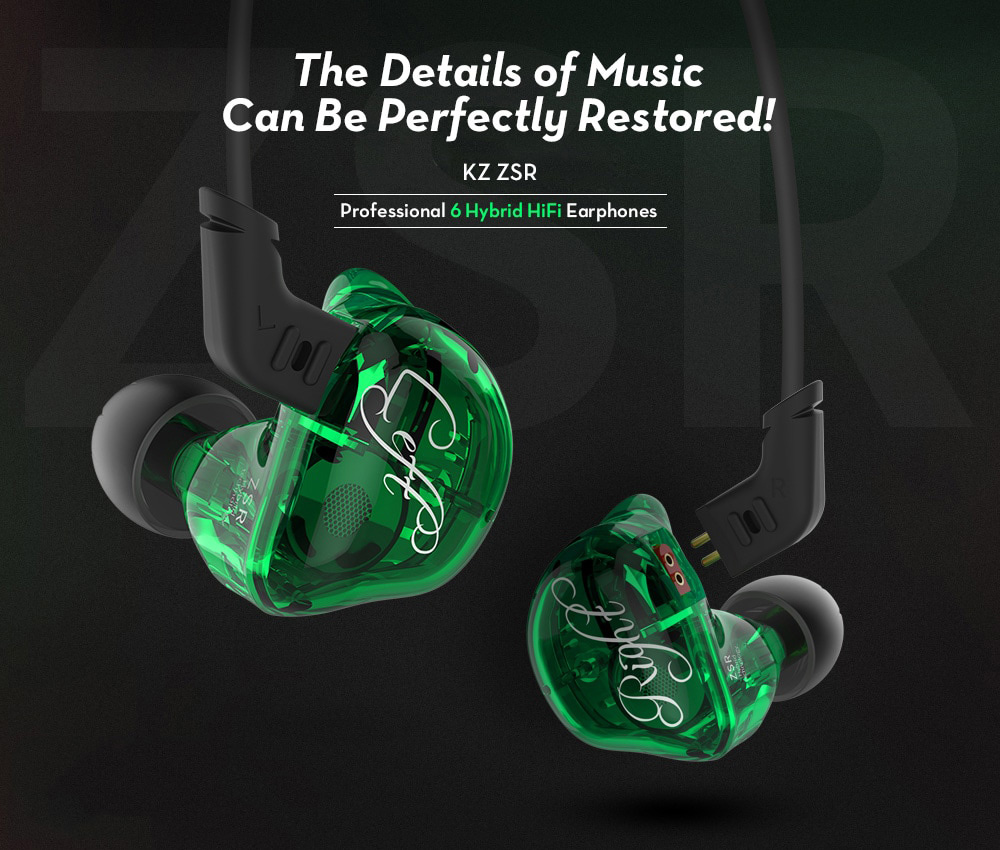 KZ ZSR Dynamic Hybrid Dual Driver HiFi Earphones with Mic - Green