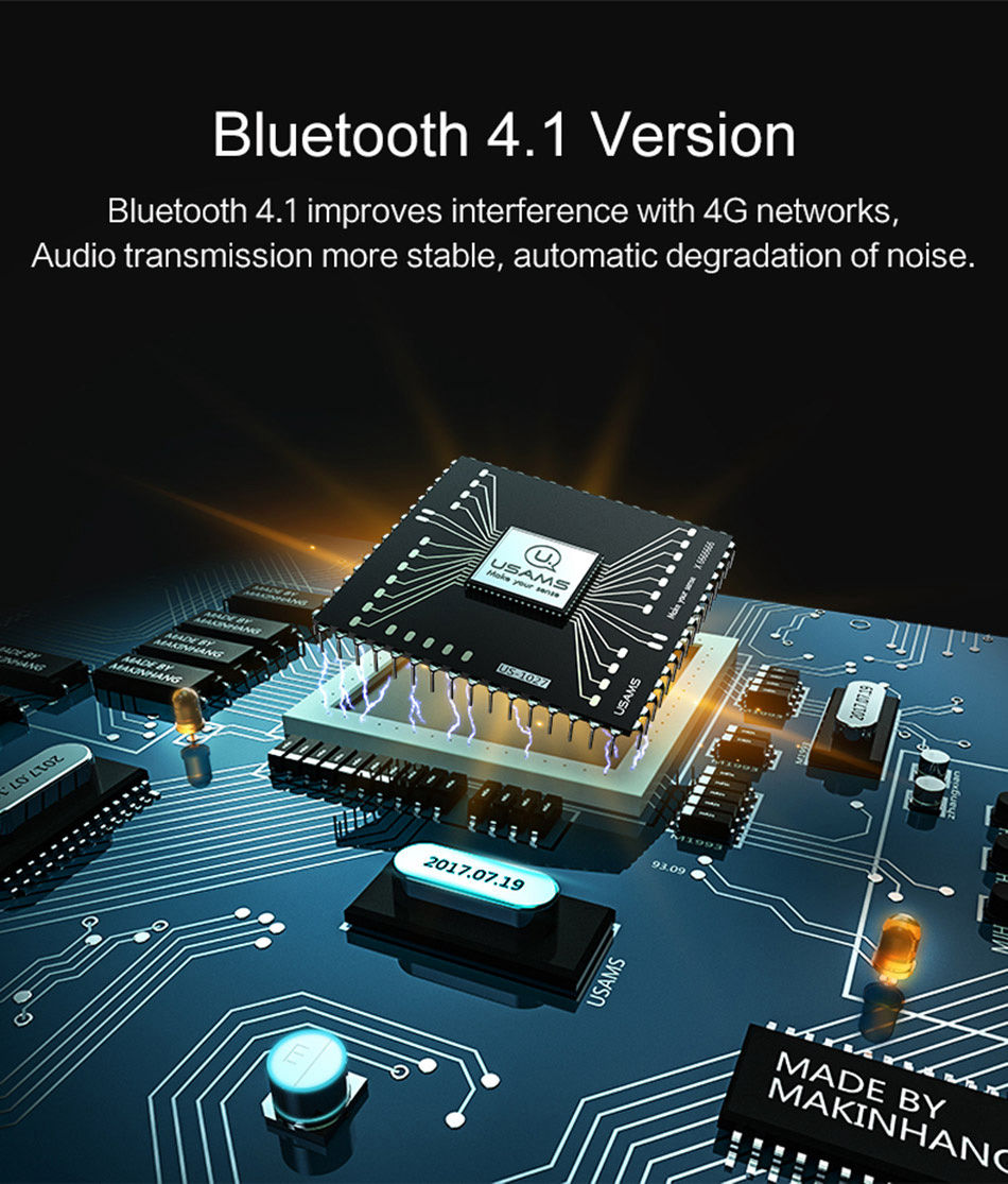 USAMS US-LS001 Wireless Bluetooth V4.1 In-ear Earphone with Mic 2in1 Smart Connect Noise Reduction - Black