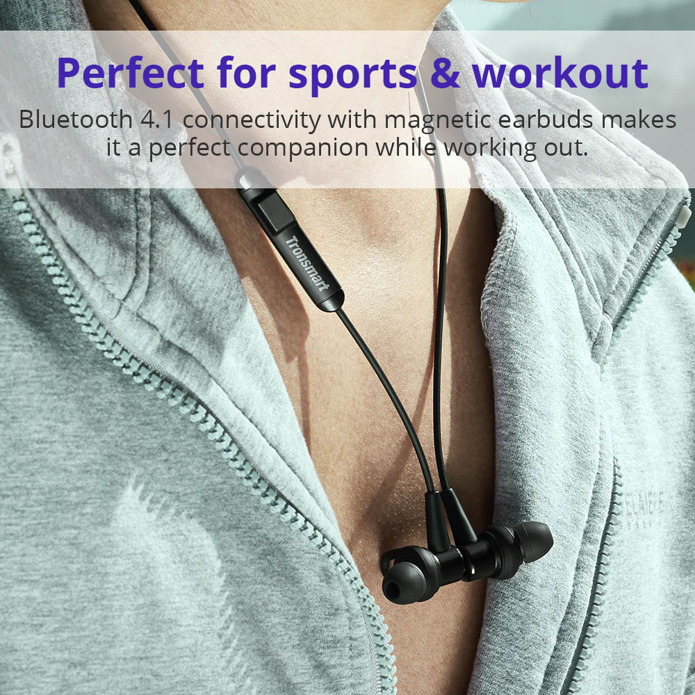 Tronsmart Encore Flair IP56 Water-Resistant Bluetooth Headphones with Bluetooth 4.1 & Microphone for iOS & Android Devices - Black