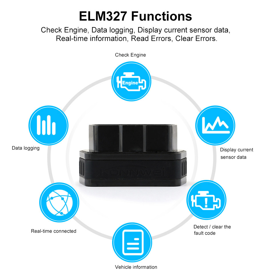 Konnwei KW901 OBD2 Car Bluetooth Scanner ELM327 Car Diagnostic Tool - Black
