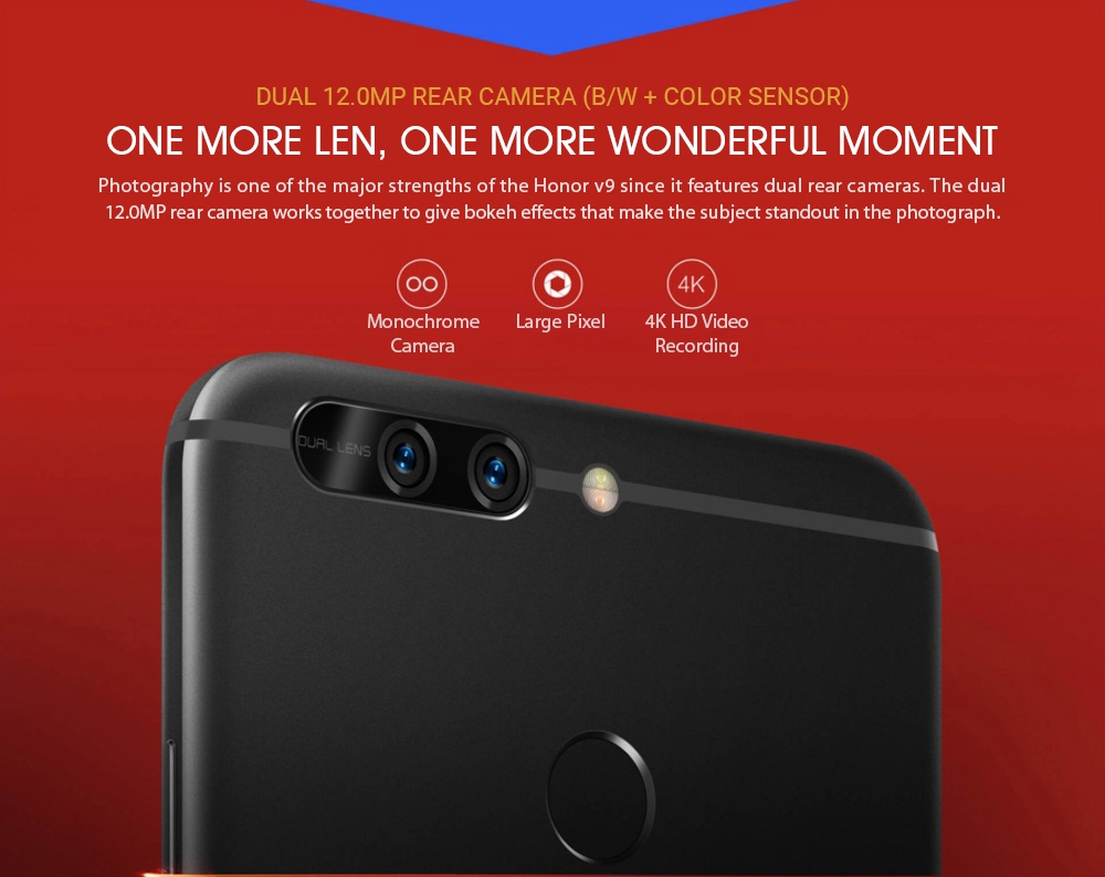HUAWEI Honor V9 5.7 Inch Smartphone 2K Screen 12.0MP+12.0MP Dual Rear Cam 4GB 64GB Hisilicon Kirin 960 Octa Core Android 7.0 OTA NFC - Black
