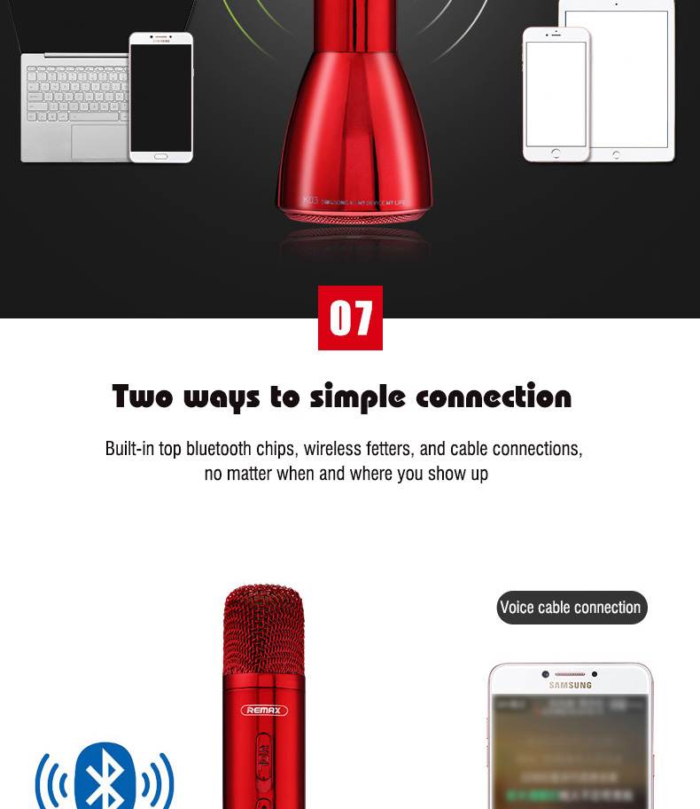 REMAX K03 Wireless Bluetooth Microphone Speaker Singing Record Song - Red
