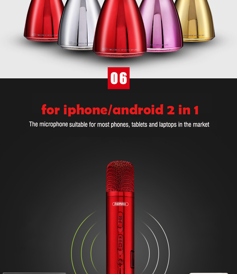 REMAX K03 Wireless Bluetooth Microphone Speaker Singing Record Song - Red