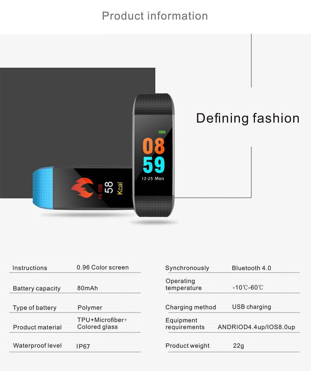 LYNWO I9 Smart Bracelet IPS 0.96 Inch Color Screen Blood Oxygen Blood Pressure Monitor IP67 Water Resistant Compatible With Android IOS - Black