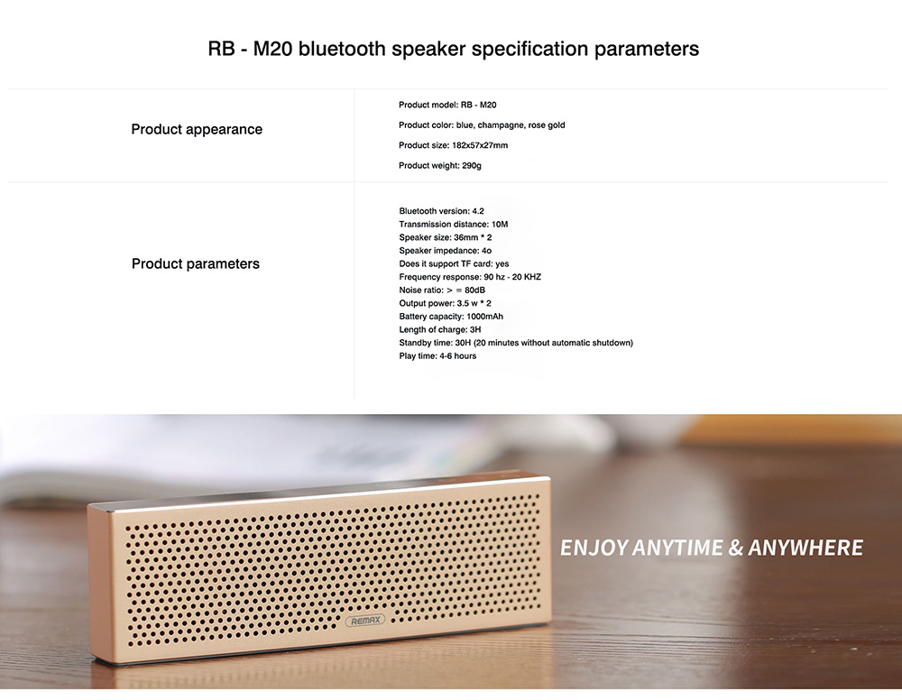 REMAX RB-M20 Metal Bluetooth Speaker Stereo Bass 3D Sound with Mic TF Port AUX - Pink