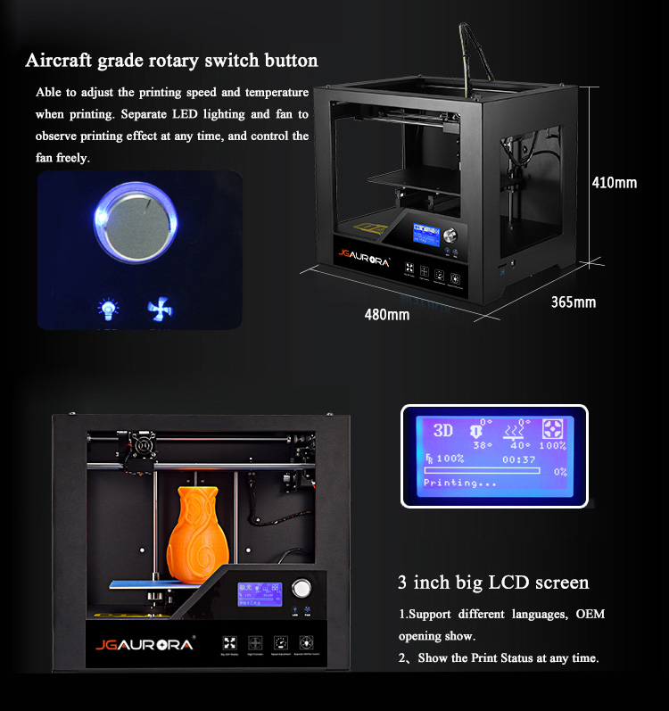 JGAURORA Z-603S 3D Printer Optimized Build Size 280x180x180mm with LCD Display - Black