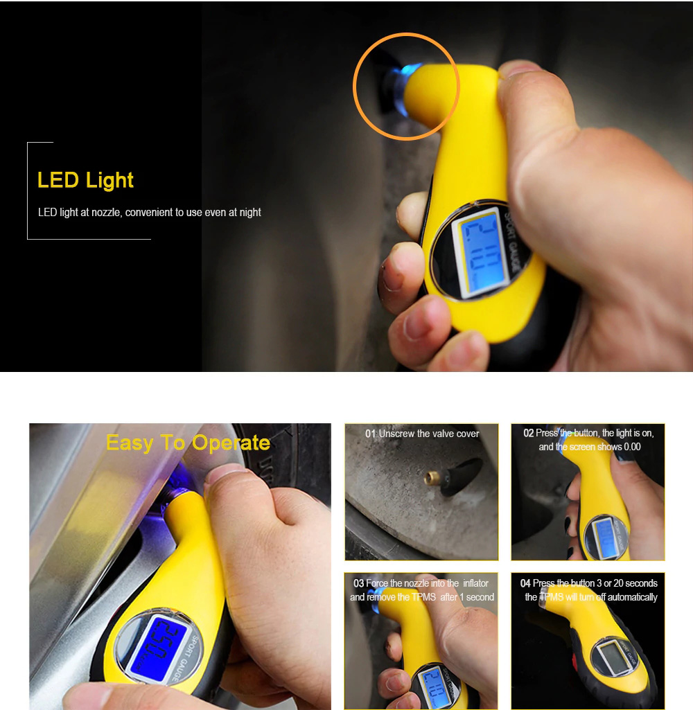 GL-0812 Tire Pressure Gauge Tester Digital LCD Screen With LED Light For Auto Car Motorcycle Wheels Tires - Yellow
