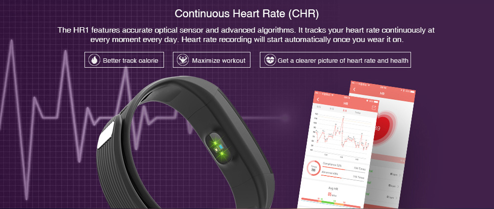 Makibes HR1 Smart Bracelet Nordic nRF52832 IP67 Water Resistant Bluetooth Heart Rate Monitor Compatible With IOS Android - Red