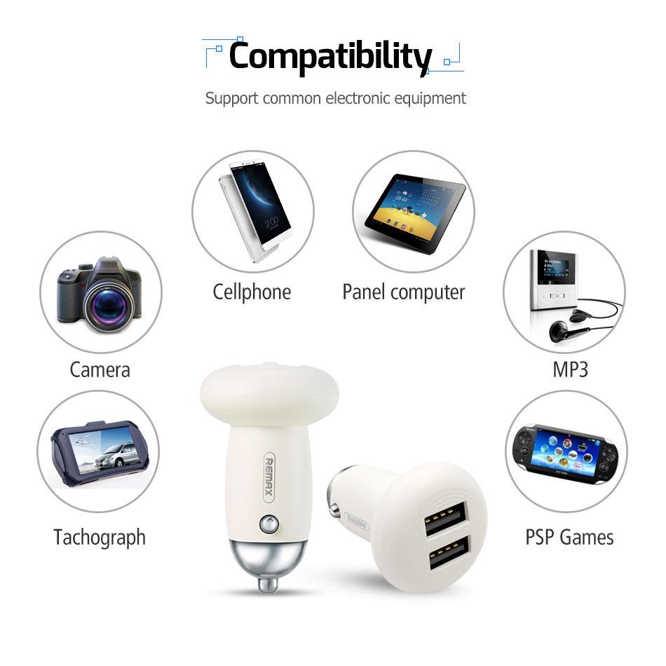 REMAX RCC-210 Mushroom-head Car Charger 5V 2.1A Fast Charging With Dual USB Ports Widely Compatible - Black