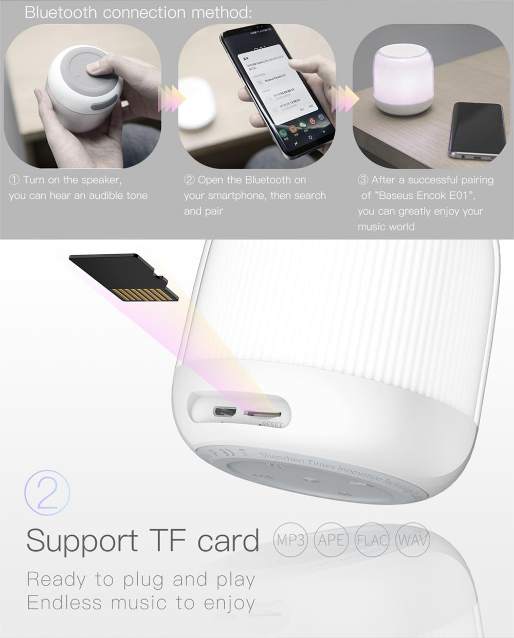 Baseus E01 Bluetooth Speaker Wireless Audio Bluetooth 4.2 1000mAh Lithium-ion Battery USB Charging -White
