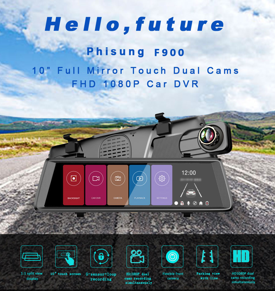 F900 10 Inch IPS Dash Camera Full HD 1080P With Dual Lens Recording 140 Degree Wide Angle - Black