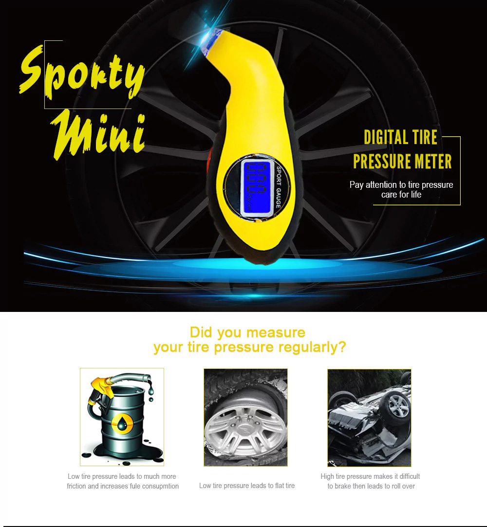 GL-0812 Tire Pressure Gauge Tester Digital LCD Screen With LED Light For Auto Car Motorcycle Wheels Tires - Yellow