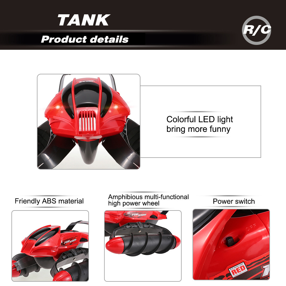 Flytec 989-393 2.4G 1:18 4CH RC Tank Amphibious Waterproof Stunt Toys with LED Light RTR - Red