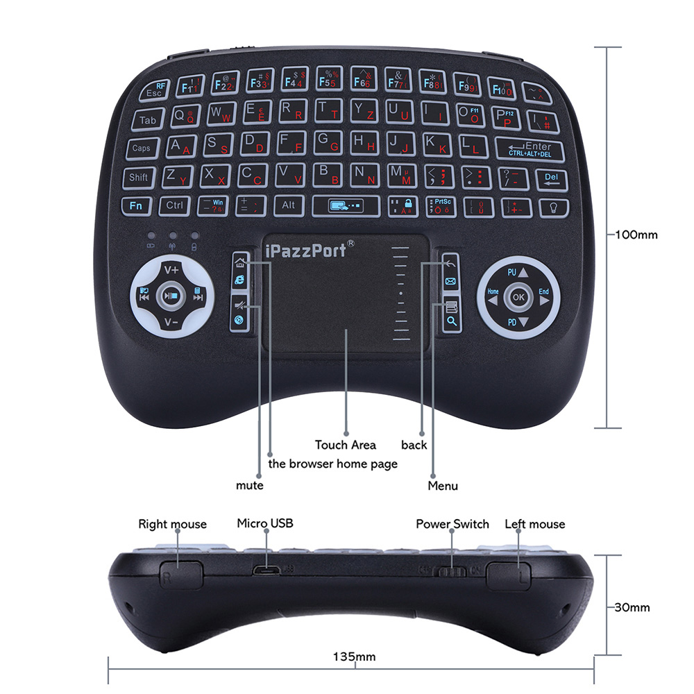 iPazzPort KP-810-21T-RGB 2.4G Wireless Keyboard German Version with RGB Backlight - Black