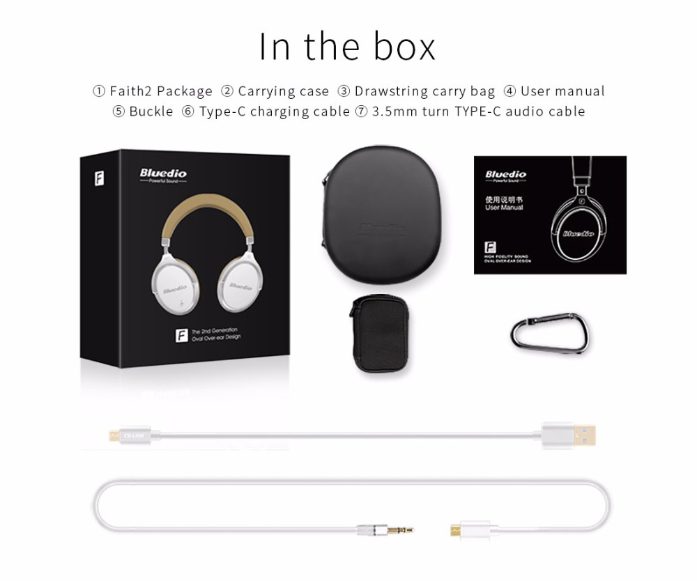 Bluedio F2 Wireless Bluetooth Headphones with Mic Active Noise Cancelling - White