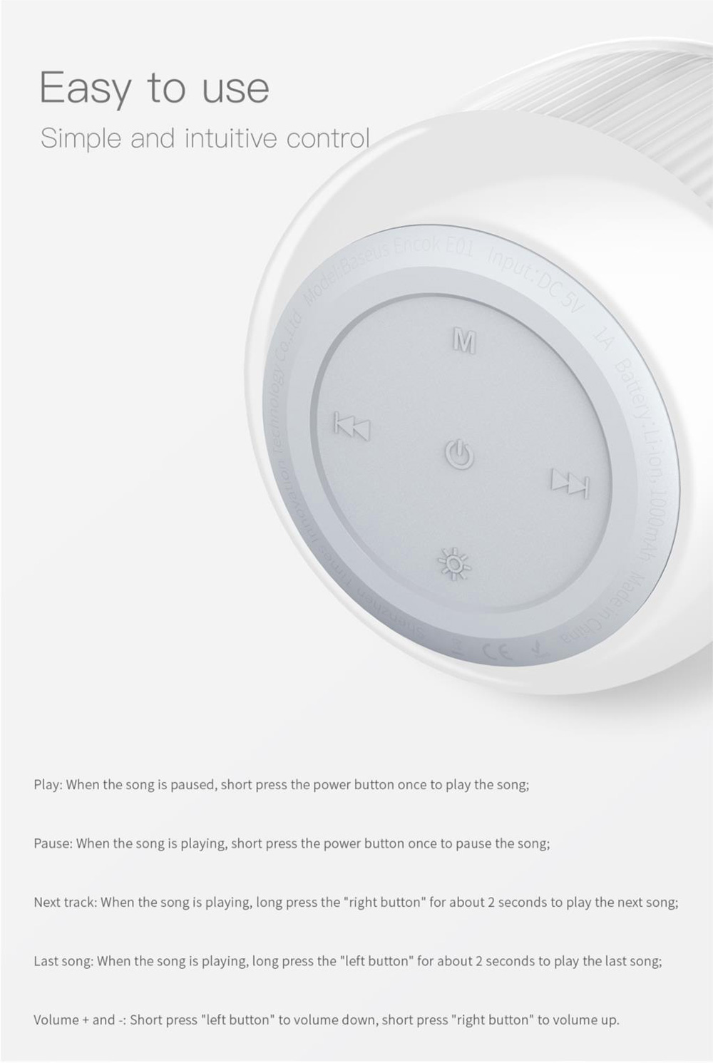 Baseus E01 Bluetooth Speaker Wireless Audio Bluetooth 4.2 1000mAh Lithium-ion Battery USB Charging -White