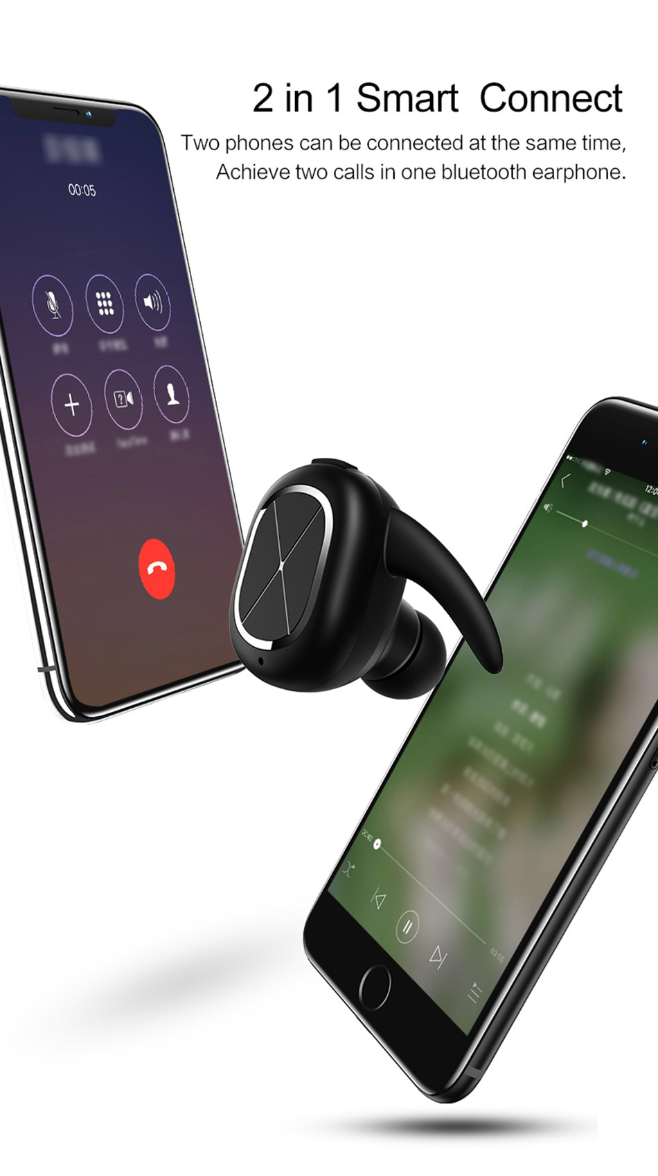 USAMS US-LS001 Wireless Bluetooth V4.1 In-ear Earphone with Mic 2in1 Smart Connect Noise Reduction - Black